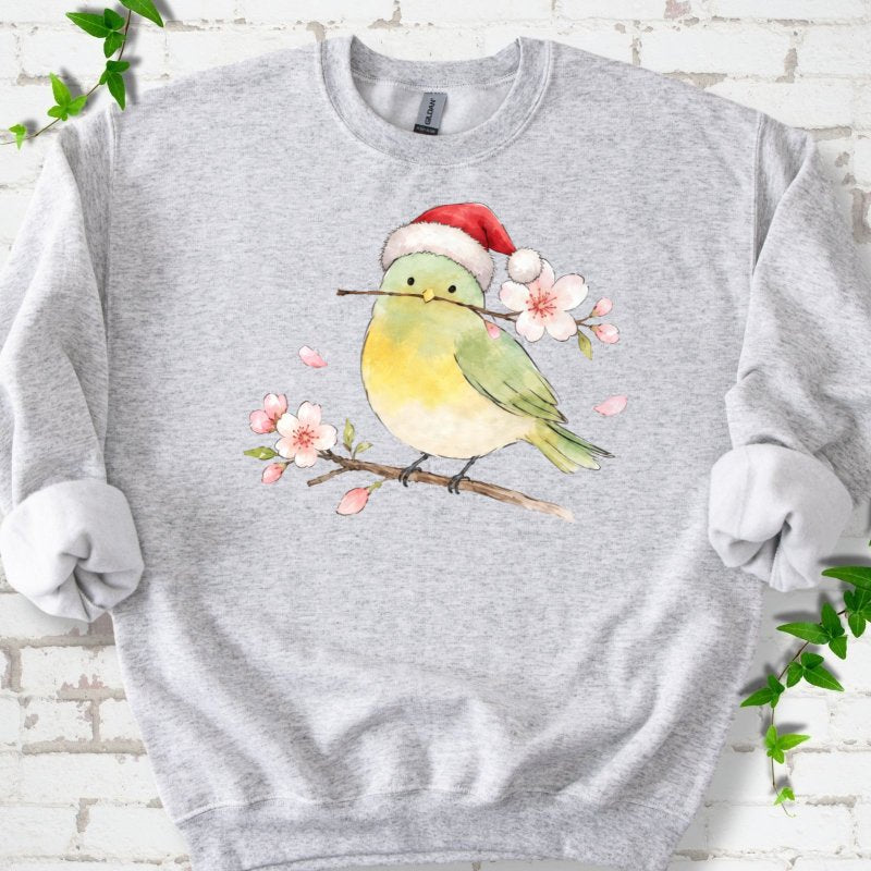 Santa Bird Perched On Cherry Blossoms Sweatshirt in Ash – PlotlyGarden