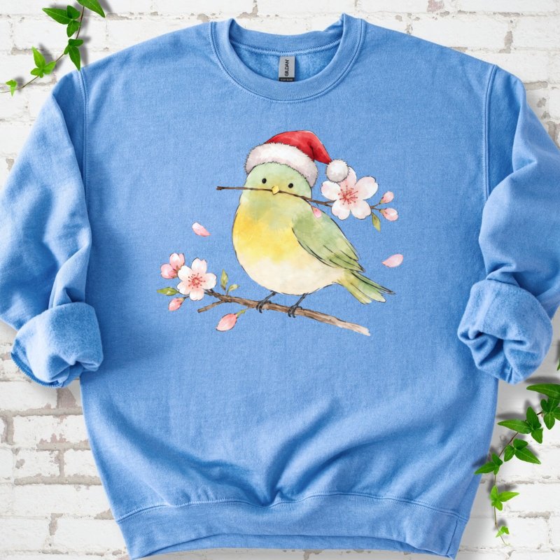 Santa Bird Perched On Cherry Blossoms Sweatshirt in Carolina Blue – PlotlyGarden