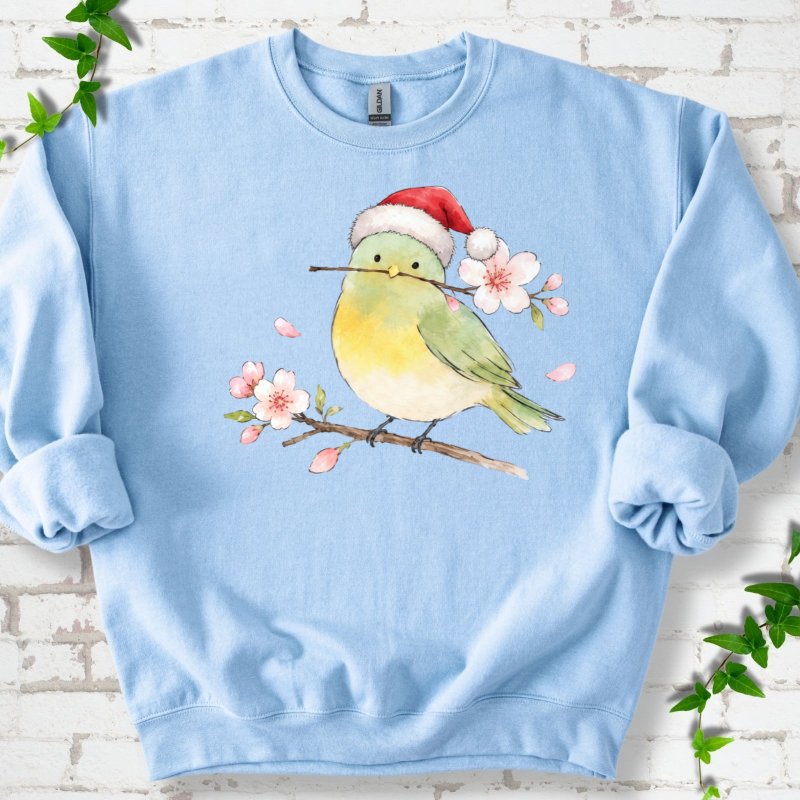Santa Bird Perched On Cherry Blossoms Sweatshirt in Light Blue – PlotlyGarden