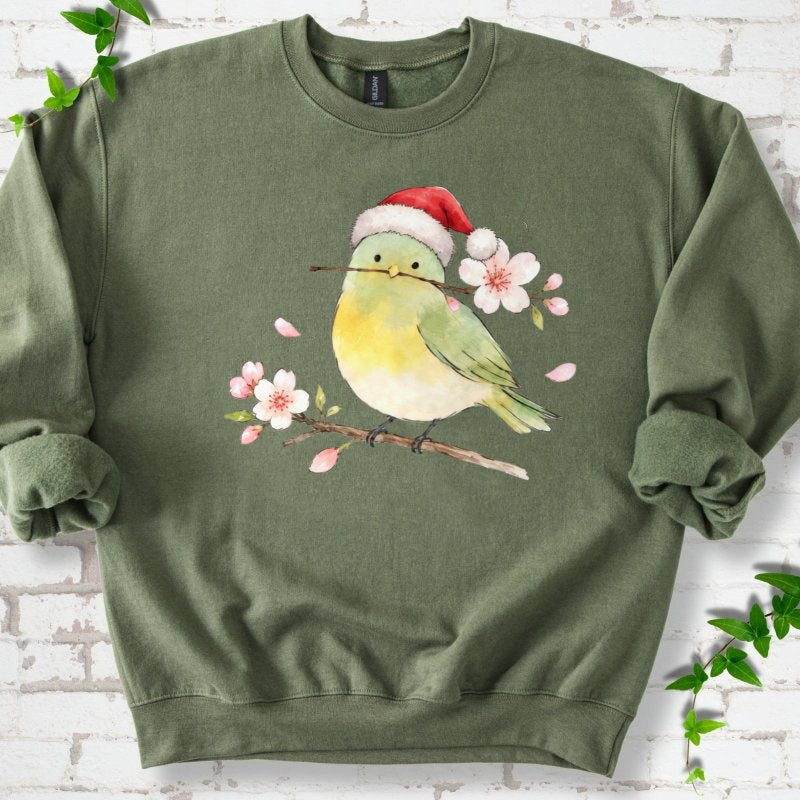 Santa Bird Perched On Cherry Blossoms Sweatshirt in Military Green – PlotlyGarden