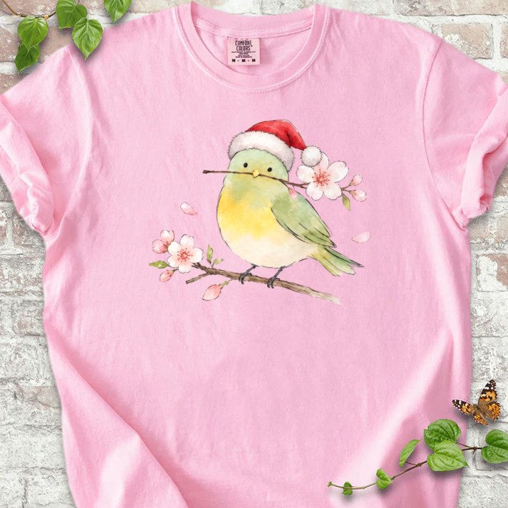 Santa Bird Perched On Cherry Blossoms T-Shirt in Blossom – PlotlyGarden