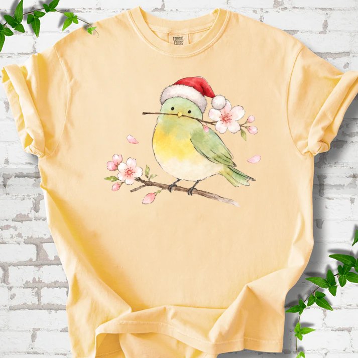 Santa Bird Perched On Cherry Blossoms T-Shirt in Butter – PlotlyGarden