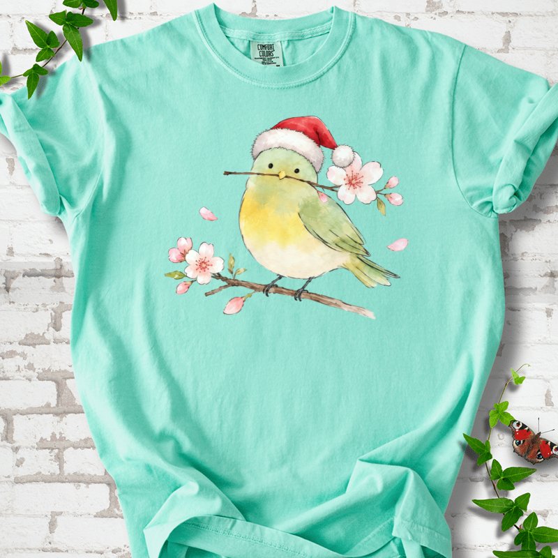 Santa Bird Perched On Cherry Blossoms T-Shirt in Island Reef – PlotlyGarden