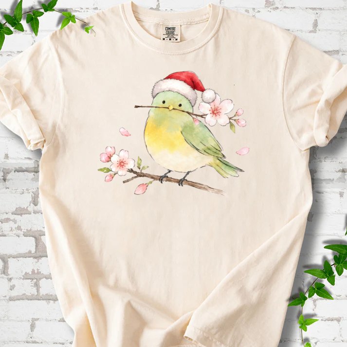 Santa Bird Perched On Cherry Blossoms T-Shirt in Ivory – PlotlyGarden