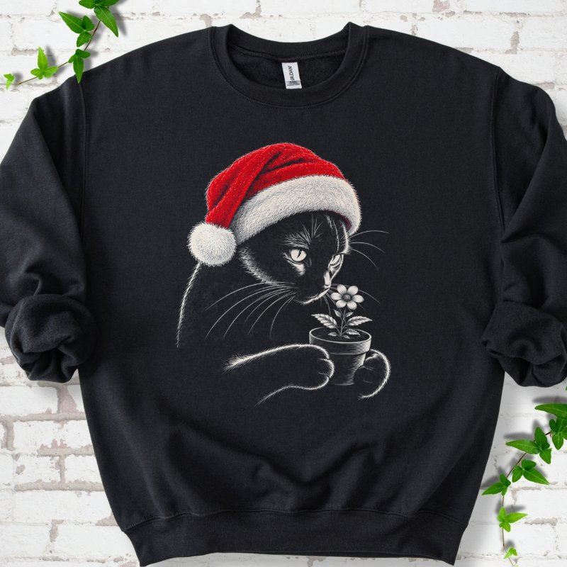 Santa Cat Holding A Potted Flower Sweatshirt in Black – PlotlyGarden