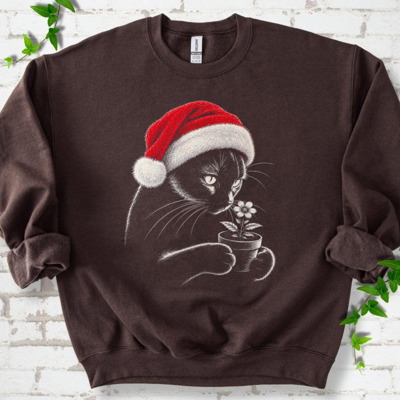 Santa Cat Holding A Potted Flower Sweatshirt in Dark Chocolate – PlotlyGarden