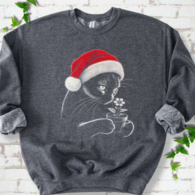 Santa Cat Holding A Potted Flower Sweatshirt in Dark Heather – PlotlyGarden