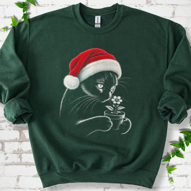 Santa Cat Holding A Potted Flower Sweatshirt in Forest Green – PlotlyGarden