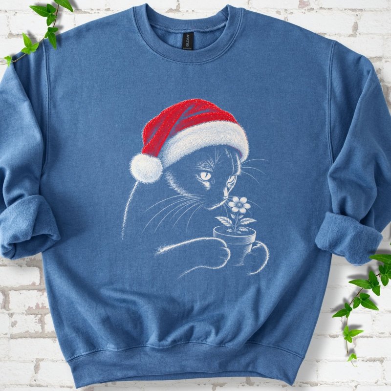Santa Cat Holding A Potted Flower Sweatshirt in Indigo Blue – PlotlyGarden