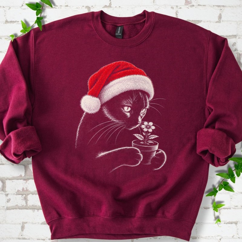 Santa Cat Holding A Potted Flower Sweatshirt in Maroon – PlotlyGarden