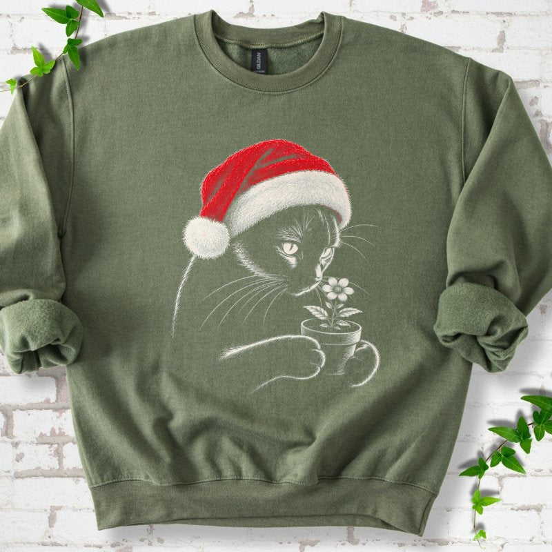 Santa Cat Holding A Potted Flower Sweatshirt in Military Green – PlotlyGarden