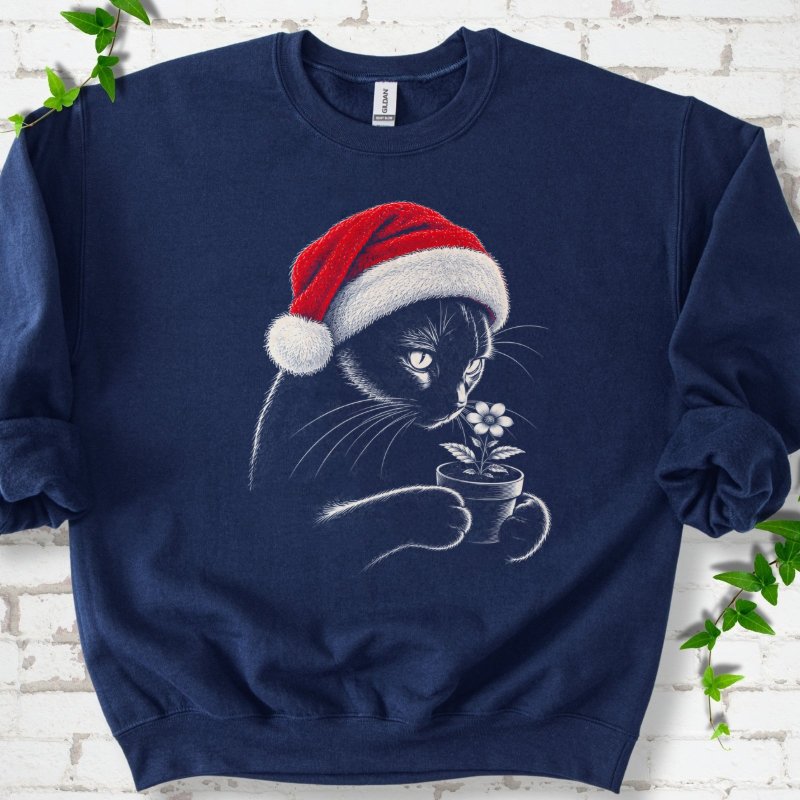Santa Cat Holding A Potted Flower Sweatshirt in Navy – PlotlyGarden