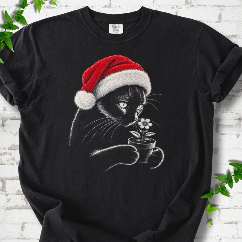 Santa Cat Holding A Potted Flower T-Shirt in Black – PlotlyGarden