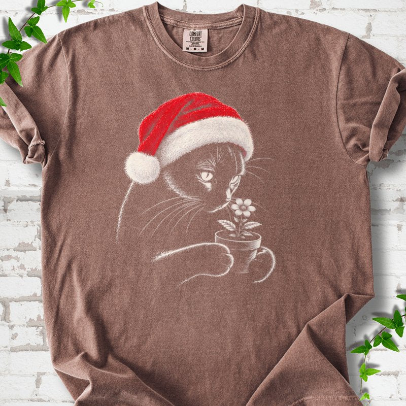 Santa Cat Holding A Potted Flower T-Shirt in Espresso – PlotlyGarden