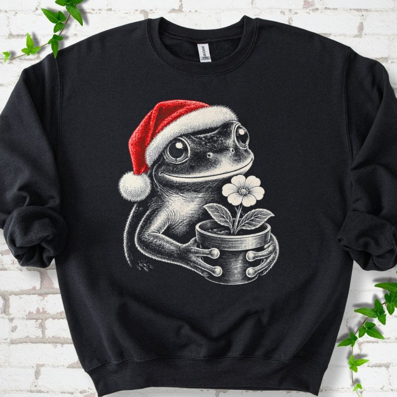 Santa Frog Holding A Potted Flower Sweatshirt in Black – PlotlyGarden