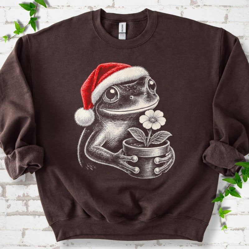 Santa Frog Holding A Potted Flower Sweatshirt in Dark Chocolate – PlotlyGarden
