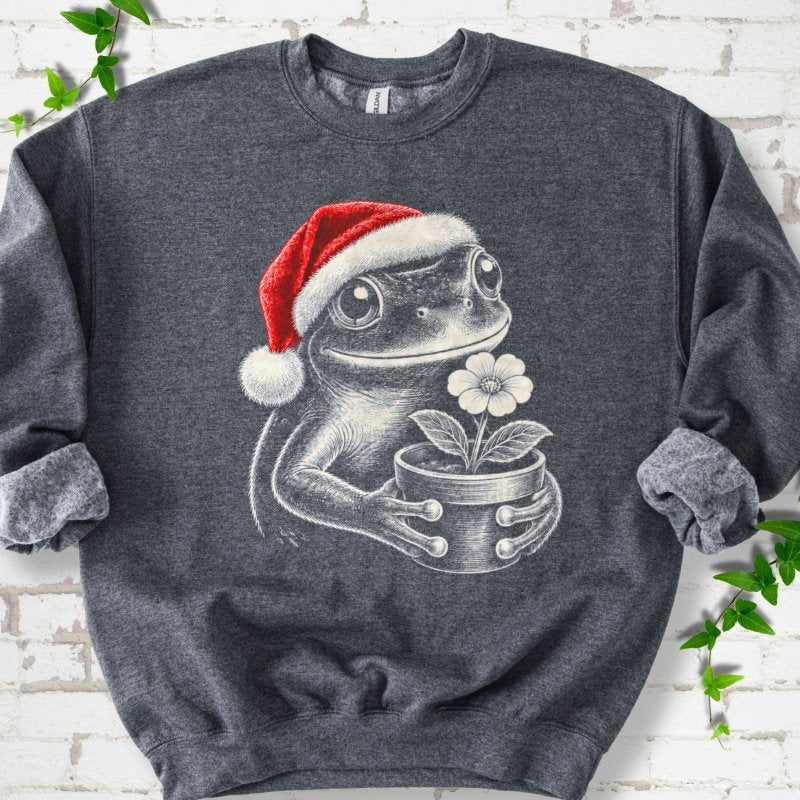 Santa Frog Holding A Potted Flower Sweatshirt in Dark Heather – PlotlyGarden