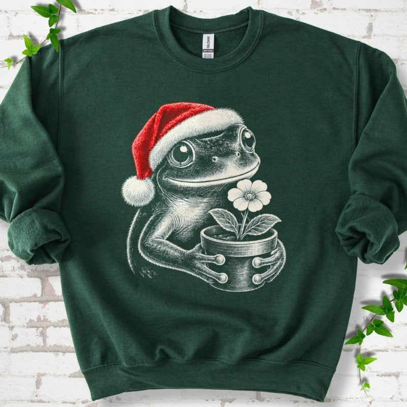 Santa Frog Holding A Potted Flower Sweatshirt in Forest Green – PlotlyGarden