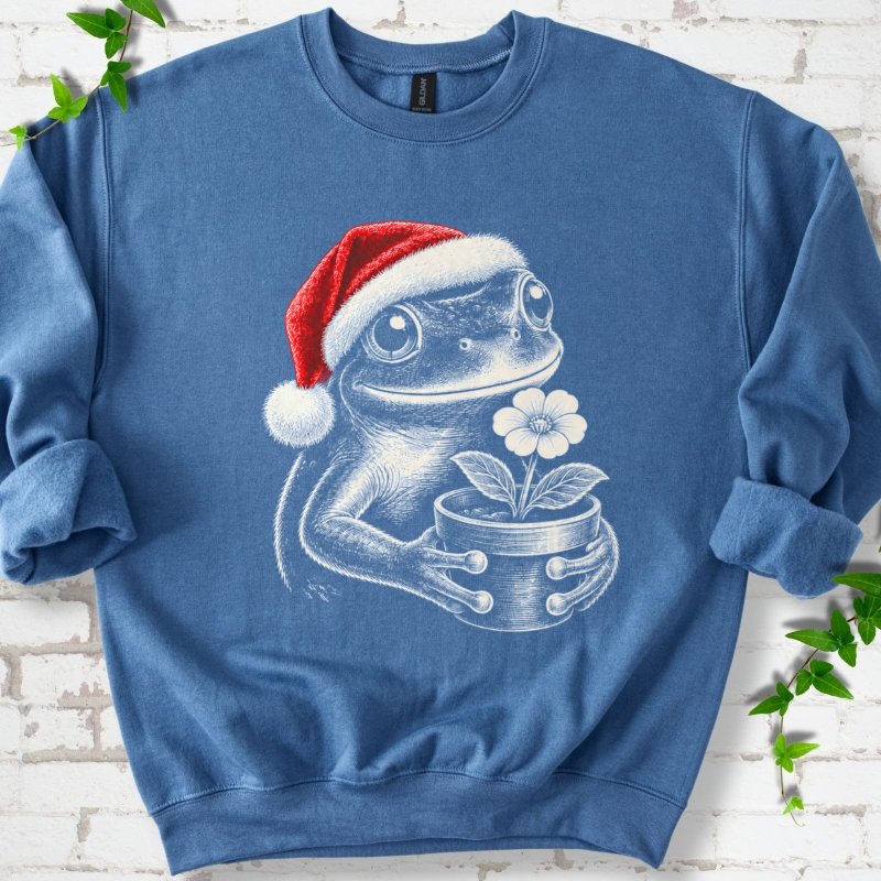 Santa Frog Holding A Potted Flower Sweatshirt in Indigo Blue – PlotlyGarden