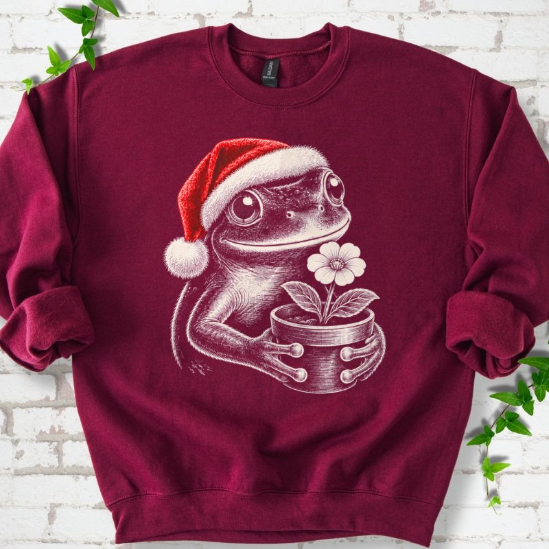 Santa Frog Holding A Potted Flower Sweatshirt in Maroon – PlotlyGarden
