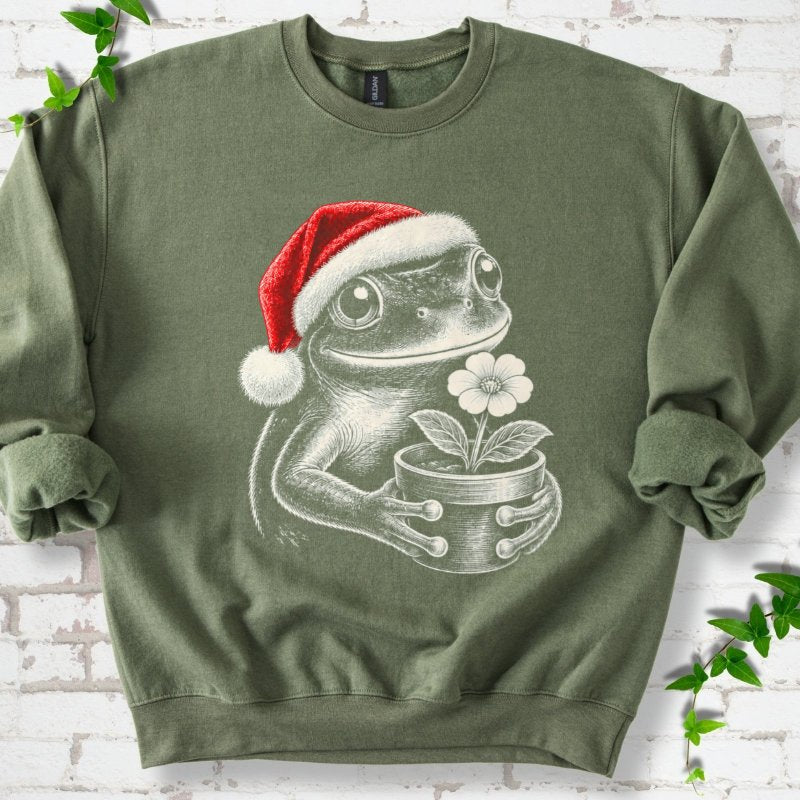 Santa Frog Holding A Potted Flower Sweatshirt in Military Green – PlotlyGarden