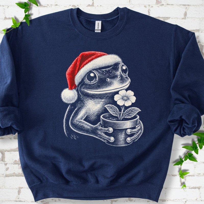 Santa Frog Holding A Potted Flower Sweatshirt in Navy – PlotlyGarden
