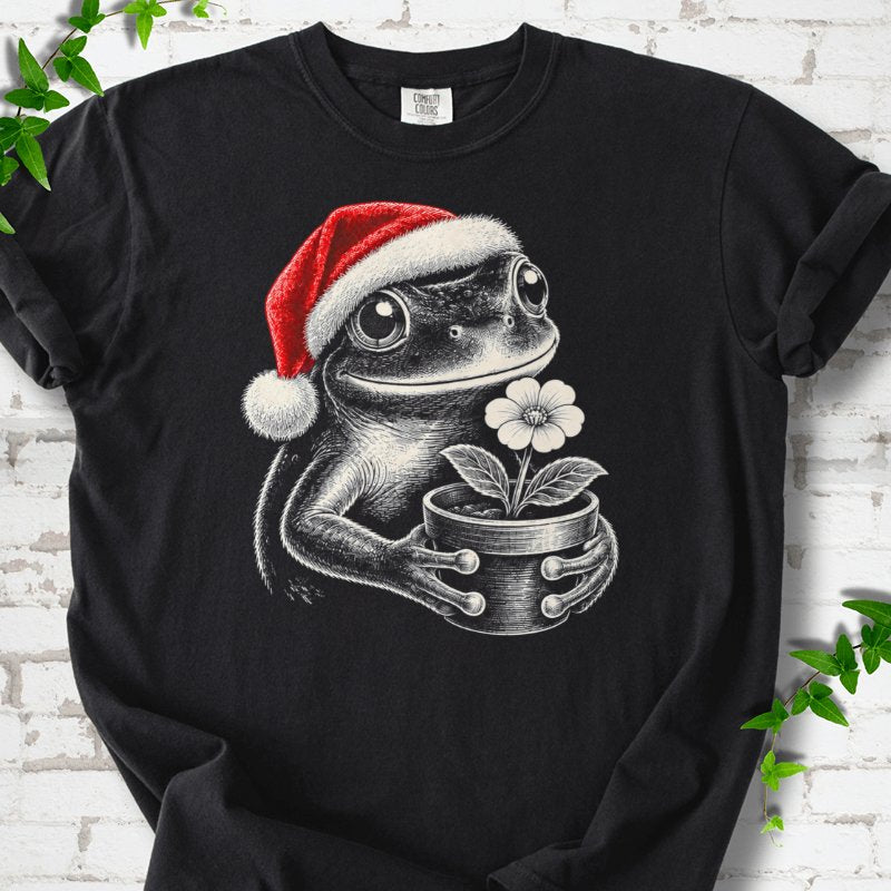 Santa Frog Holding A Potted Flower T-Shirt in Black – PlotlyGarden