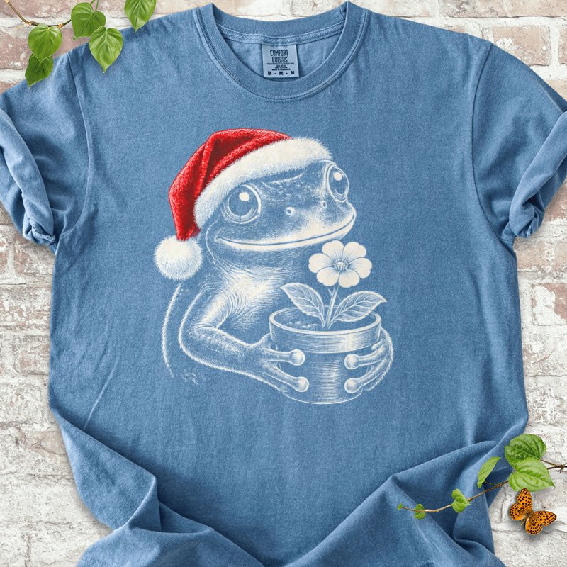 Santa Frog Holding A Potted Flower T-Shirt in Blue Jean – PlotlyGarden