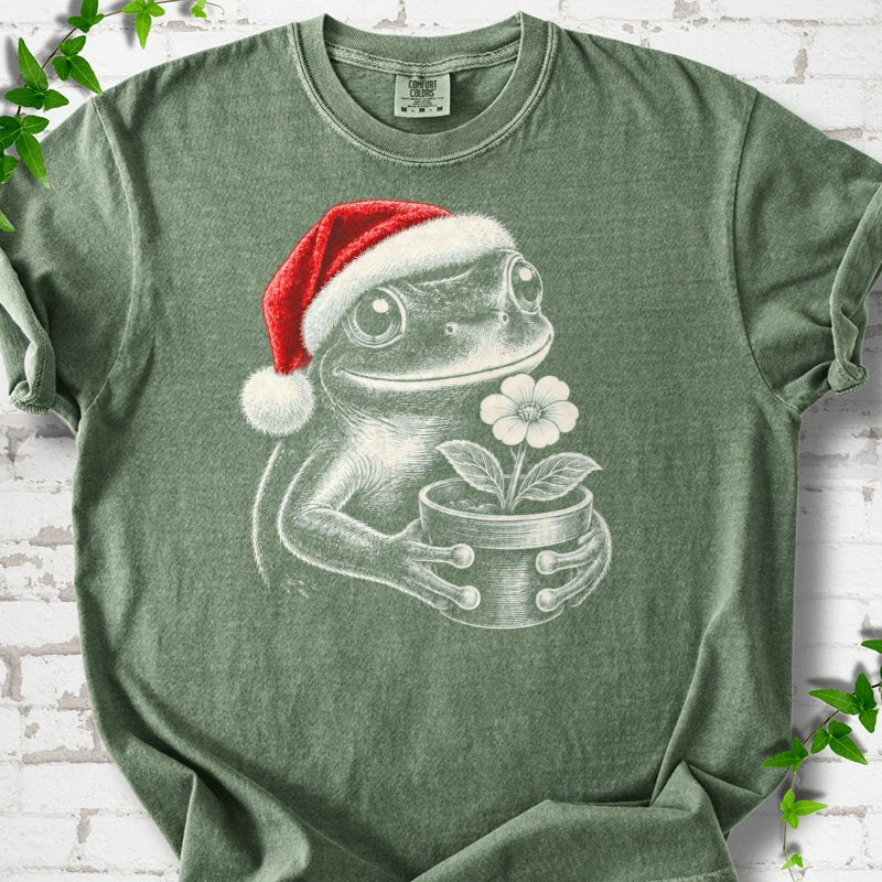 Santa Frog Holding A Potted Flower T-Shirt in Moss – PlotlyGarden