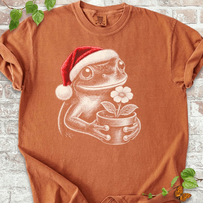 Santa Frog Holding A Potted Flower T-Shirt in Yam – PlotlyGarden