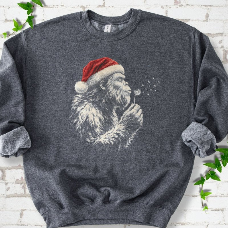 Santa Gorilla Blowing Dandelion Seed Wishes Sweatshirt in Dark Heather – PlotlyGarden