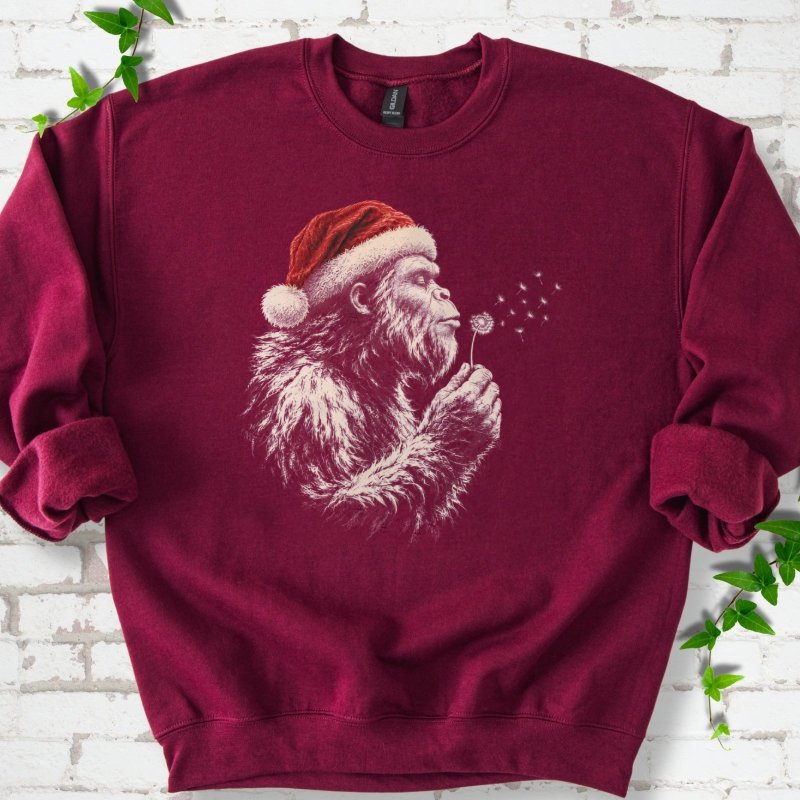Santa Gorilla Blowing Dandelion Seed Wishes Sweatshirt in Maroon – PlotlyGarden