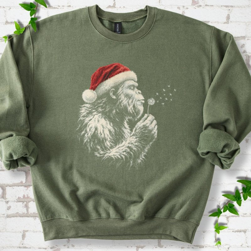 Santa Gorilla Blowing Dandelion Seed Wishes Sweatshirt in Military Green – PlotlyGarden