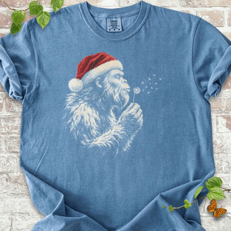 Santa Gorilla Blowing Dandelion Seed Wishes T-Shirt in Blue Jean – PlotlyGarden