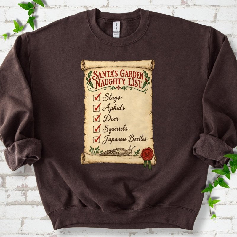 Santa’s Garden Naughty List Scroll Sweatshirt in Dark Chocolate – PlotlyGarden