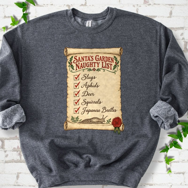 Santa’s Garden Naughty List Scroll Sweatshirt in Dark Heather – PlotlyGarden
