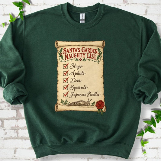 Santa’s Garden Naughty List Scroll Sweatshirt in Forest Green – PlotlyGarden