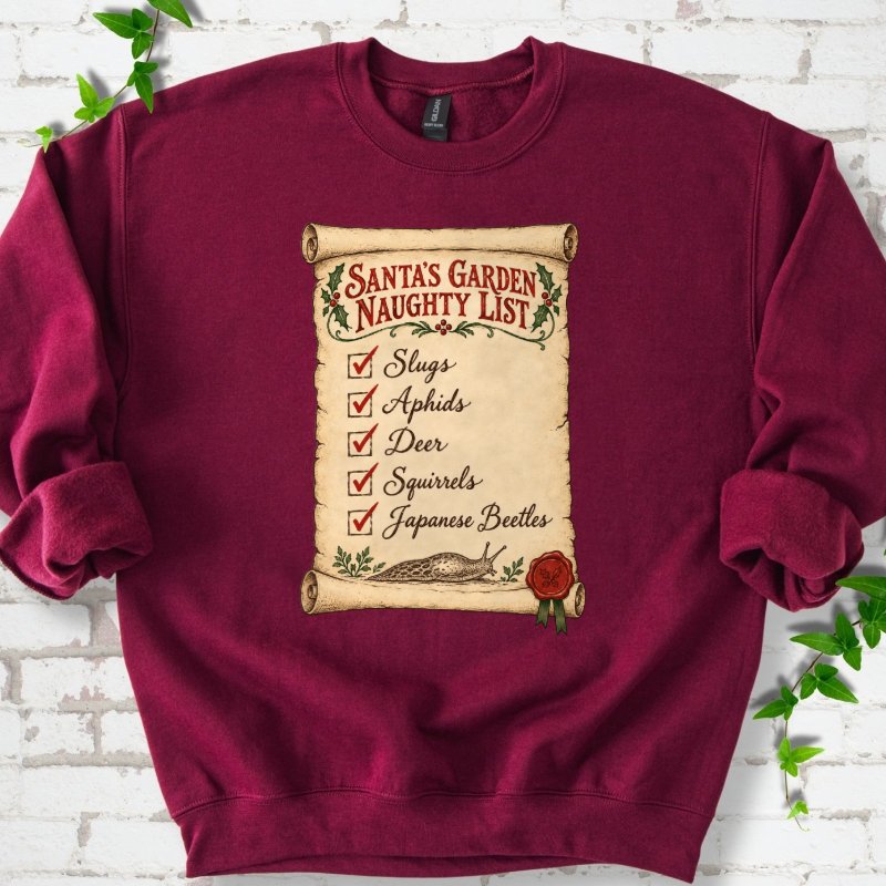 Santa’s Garden Naughty List Scroll Sweatshirt in Maroon – PlotlyGarden