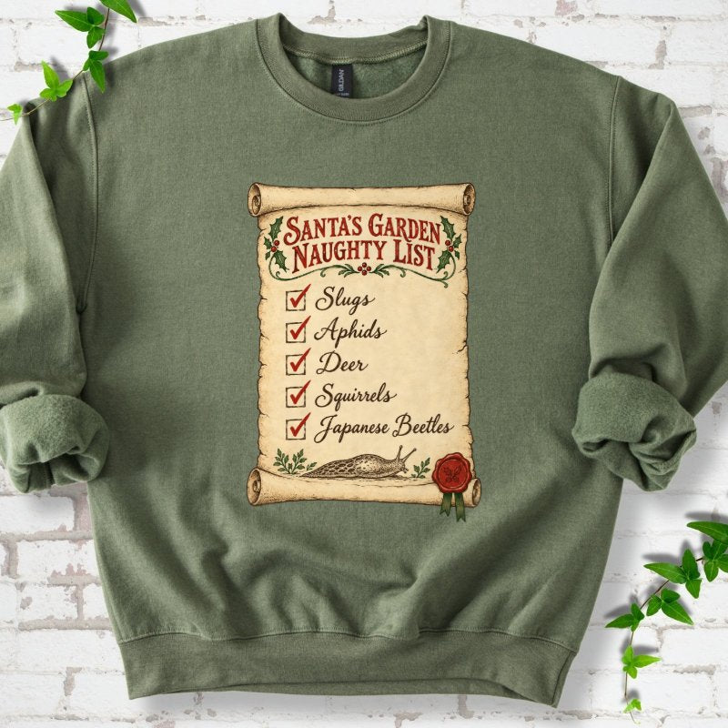 Santa’s Garden Naughty List Scroll Sweatshirt in Military Green – PlotlyGarden
