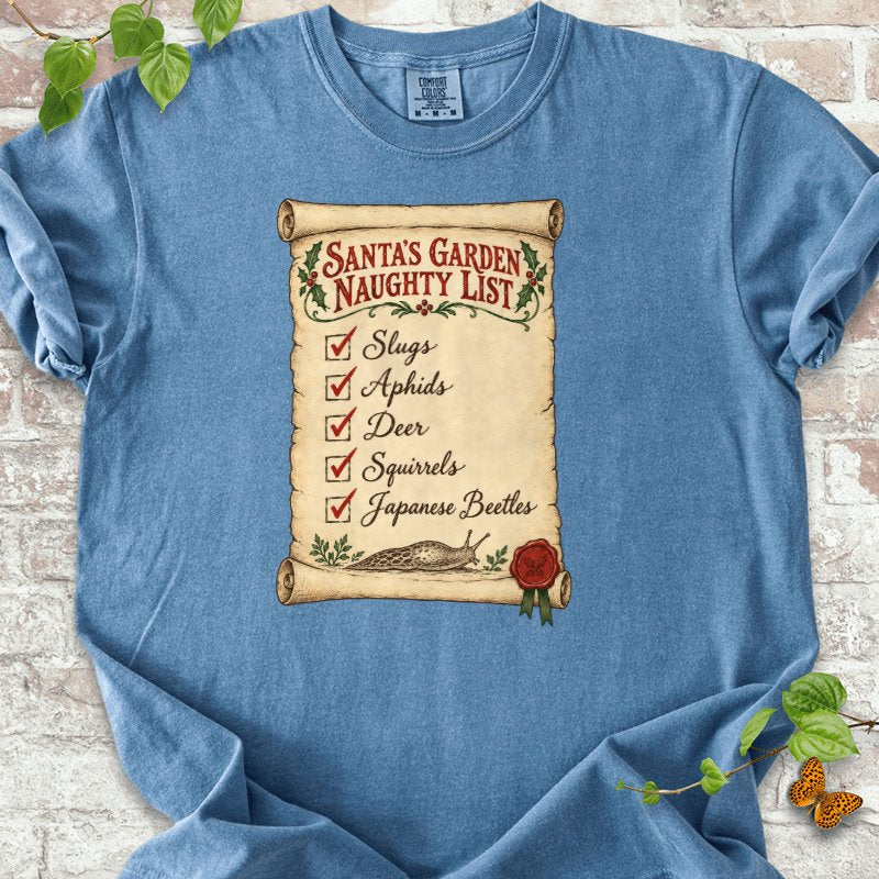 Santa’s Garden Naughty List Scroll T-Shirt in Blue Jean – PlotlyGarden