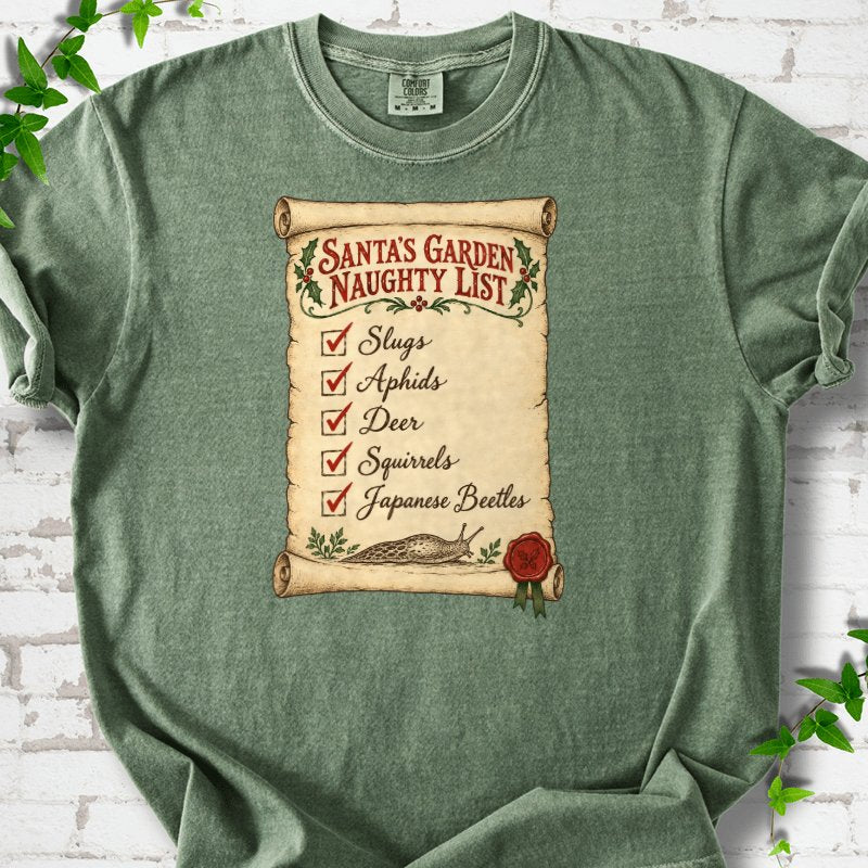 Santa’s Garden Naughty List Scroll T-Shirt in Moss – PlotlyGarden