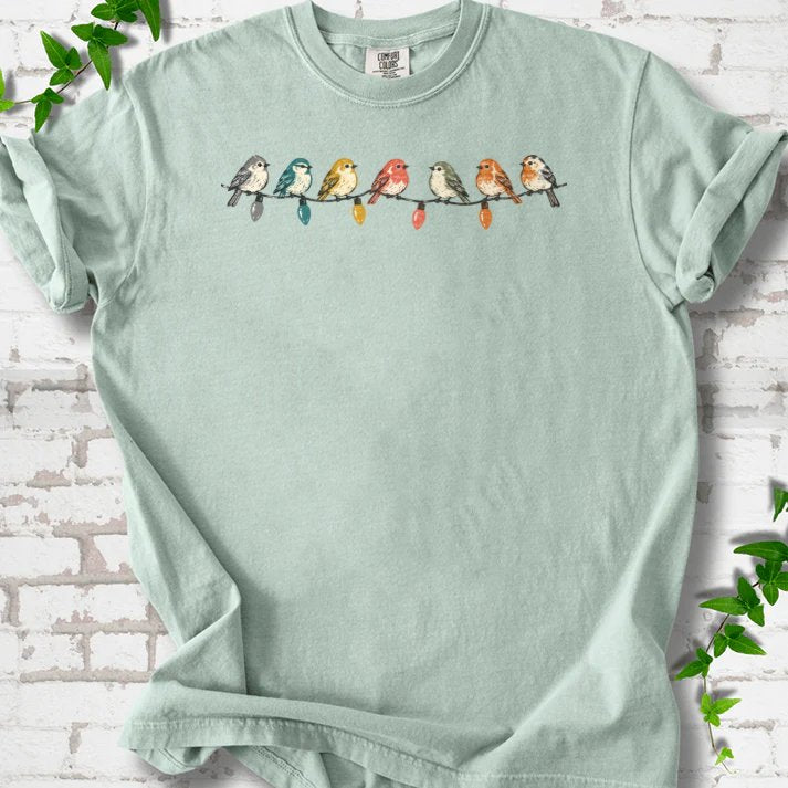 Seven Birds On A Vintage Light String T-Shirt in Bay – PlotlyGarden