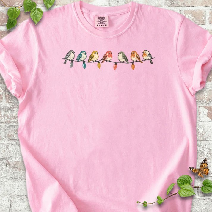 Seven Birds On A Vintage Light String T-Shirt in Blossom – PlotlyGarden