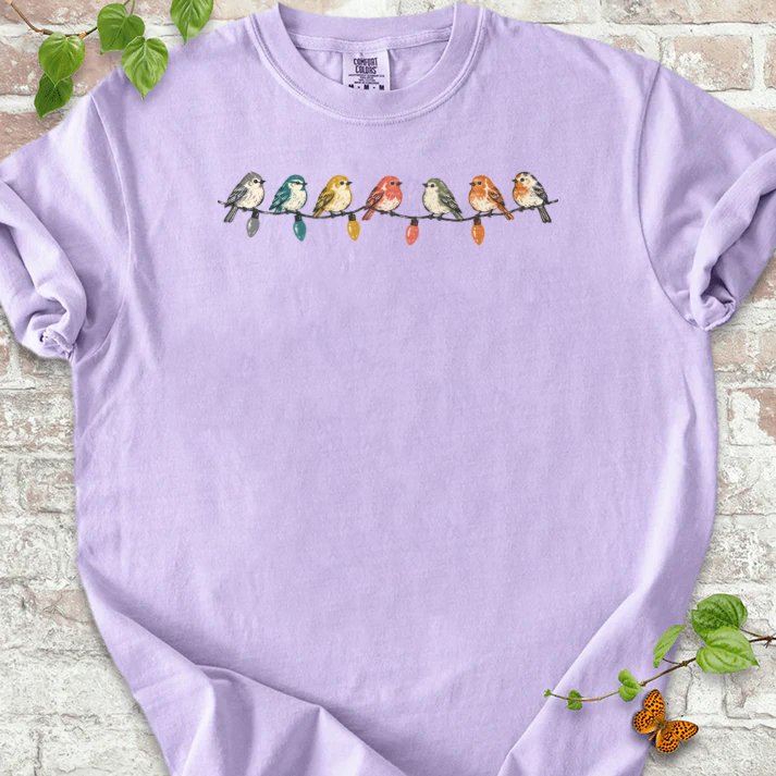 Seven Birds On A Vintage Light String T-Shirt in Orchid – PlotlyGarden