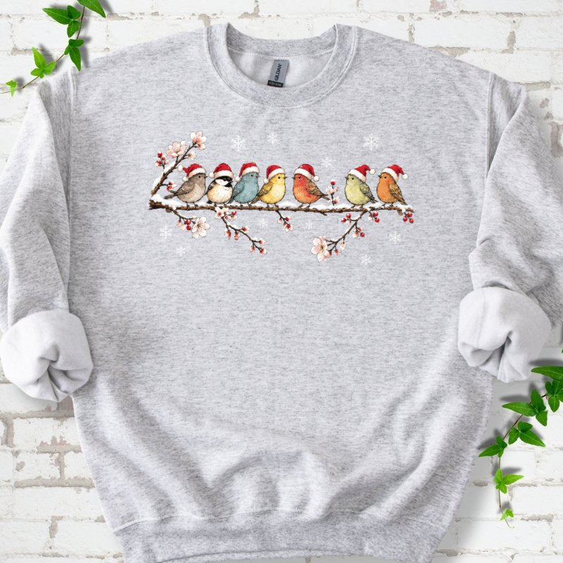Seven Santa Songbirds On Snowy Blossom Branch Sweatshirt in Ash – PlotlyGarden
