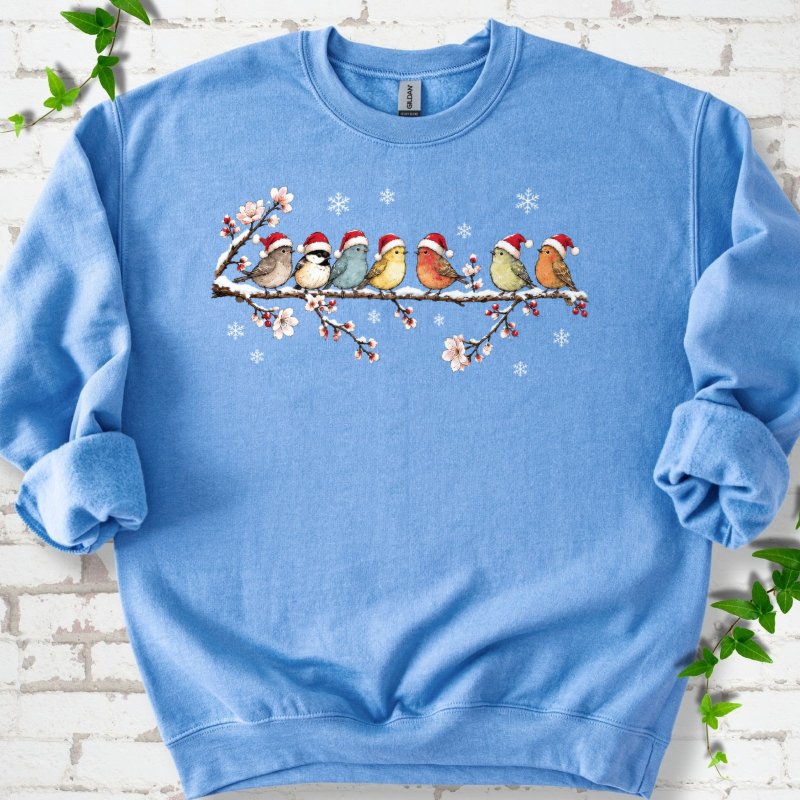 Seven Santa Songbirds On Snowy Blossom Branch Sweatshirt in Carolina Blue – PlotlyGarden