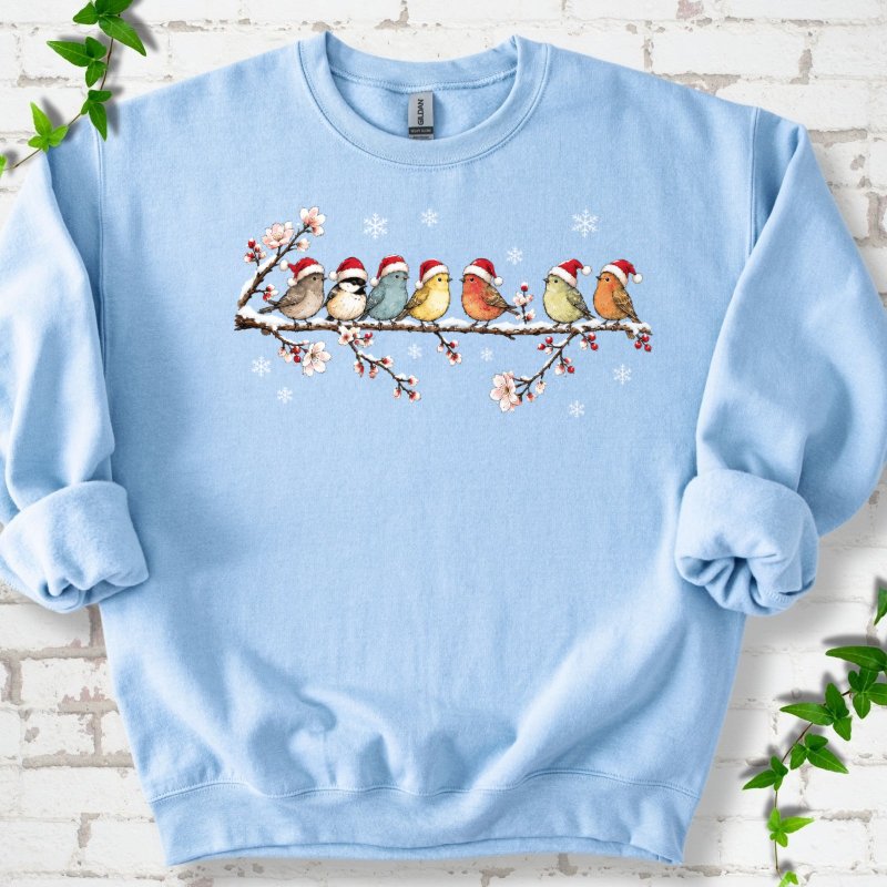 Seven Santa Songbirds On Snowy Blossom Branch Sweatshirt in Light Blue – PlotlyGarden