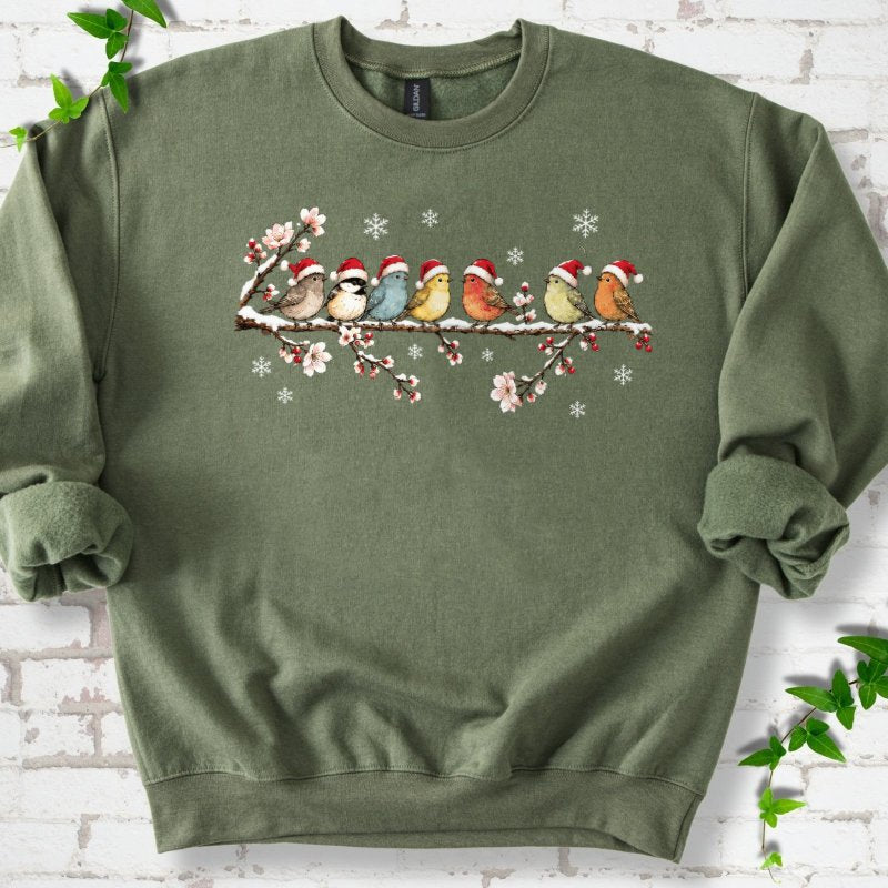 Seven Santa Songbirds On Snowy Blossom Branch Sweatshirt in Military Green – PlotlyGarden