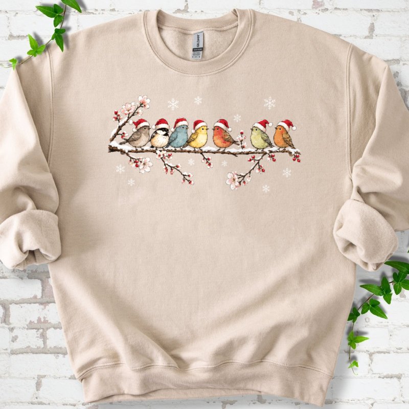 Seven Santa Songbirds On Snowy Blossom Branch Sweatshirt in Sand – PlotlyGarden