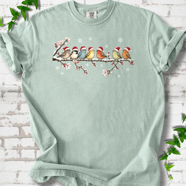 Seven Santa Songbirds On Snowy Blossom Branch T-Shirt in Bay – PlotlyGarden